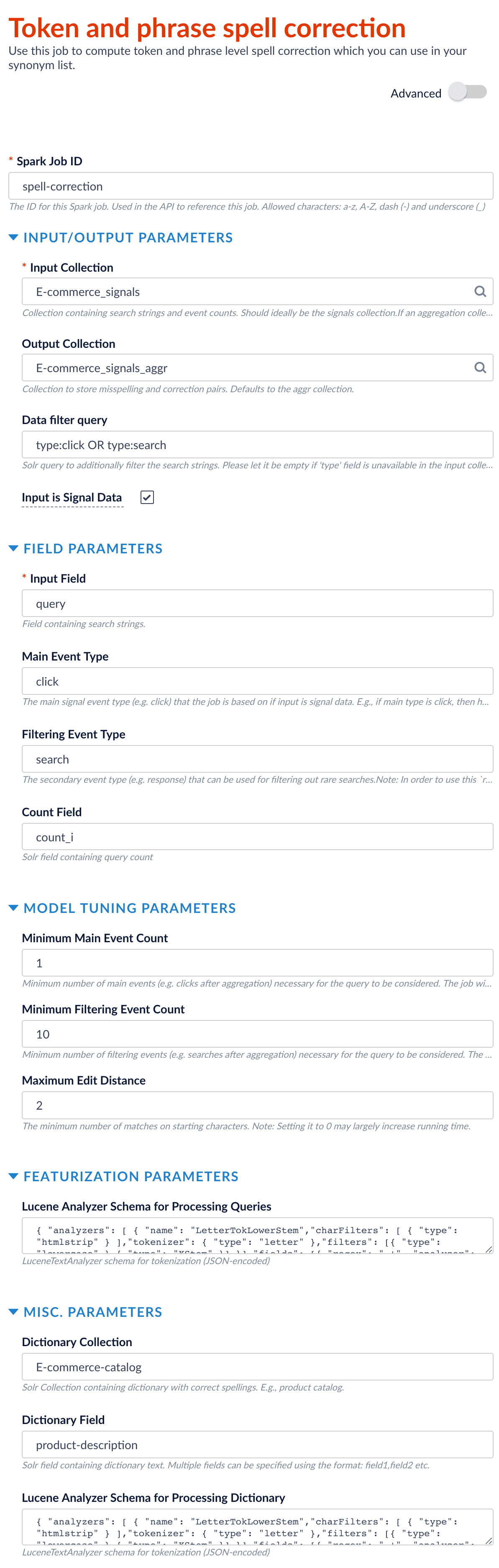 Spell correction job configuration