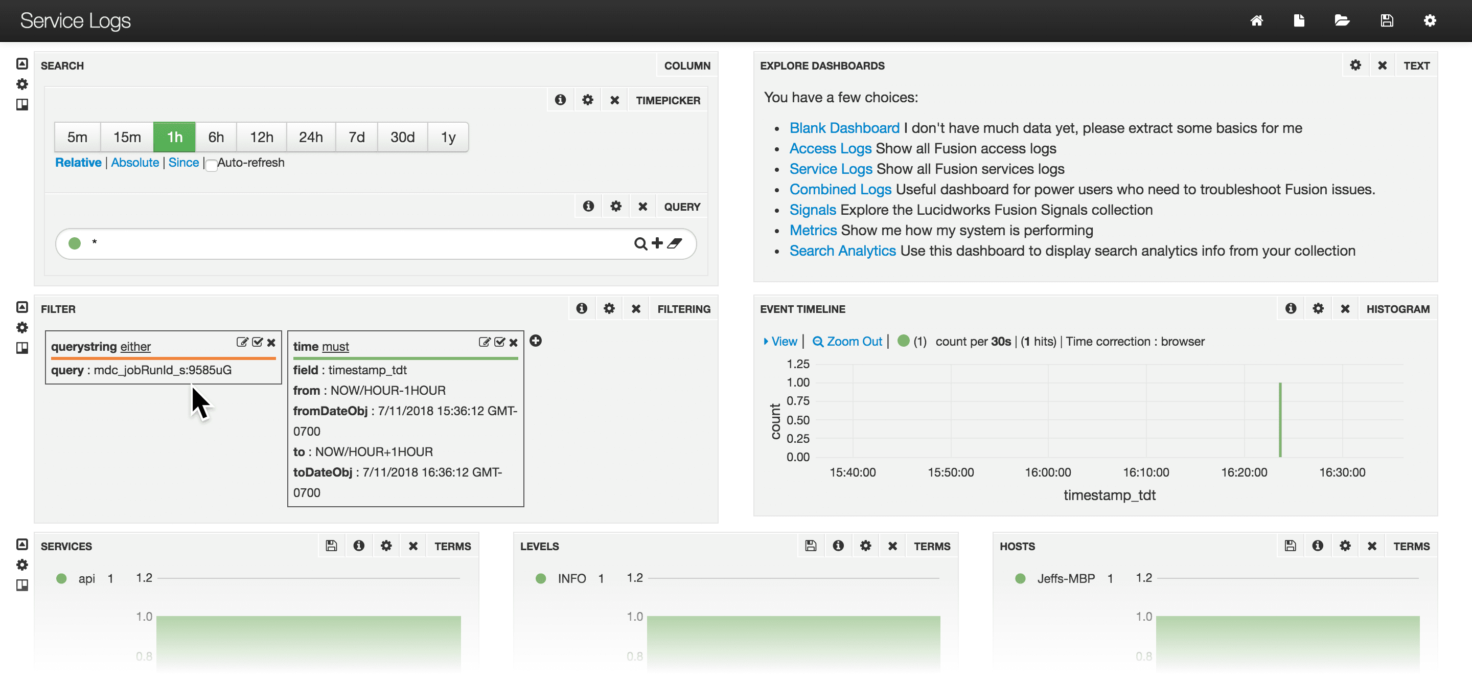 Service Logs dashboard filtered by runId
