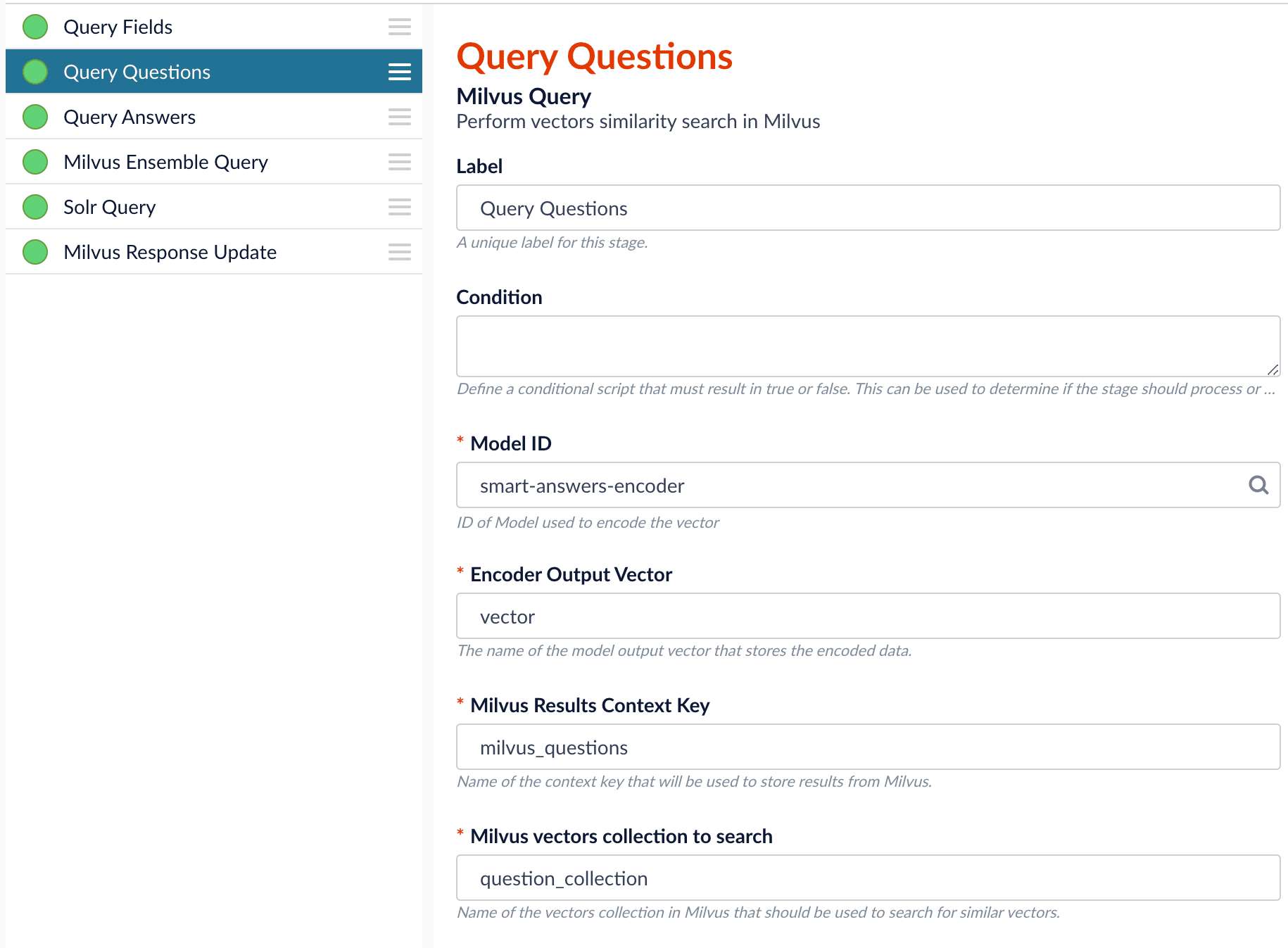 Pipeline setup example - Query Questions stage