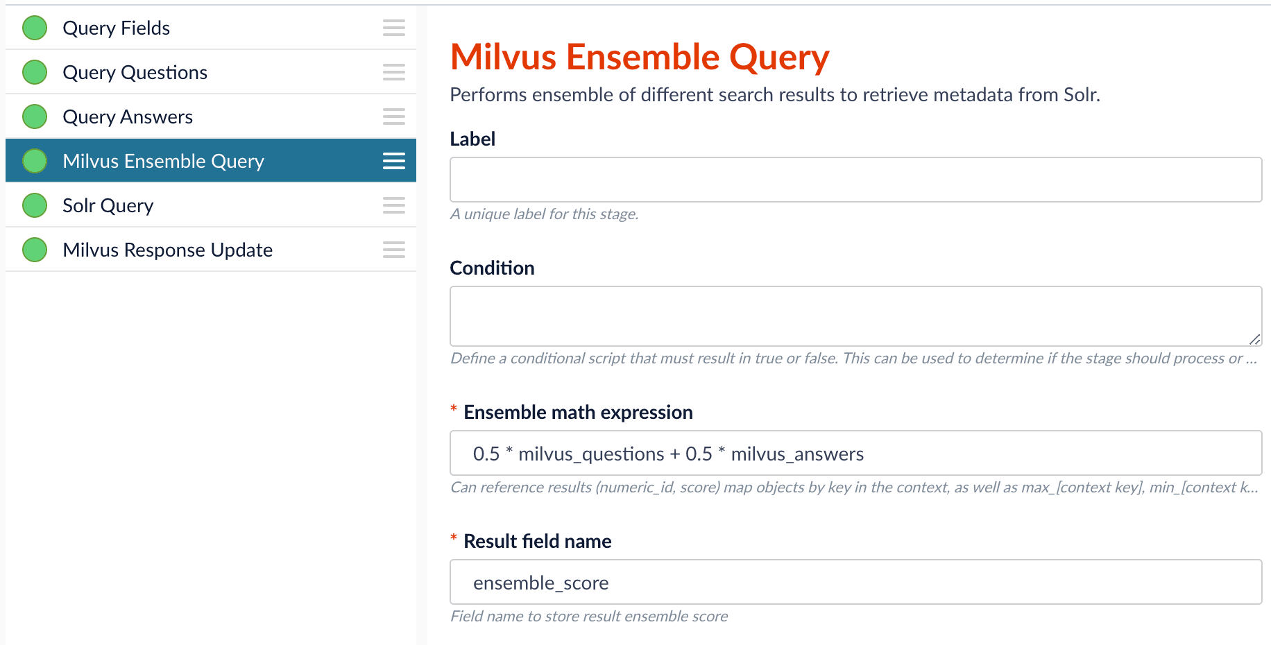 Pipeline setup example - Milvus Ensemble Query stage