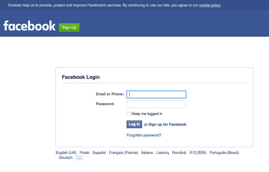 Facebook account login screen example