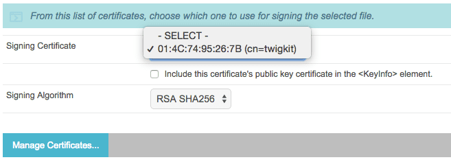 Selecting the certificate from the drop down