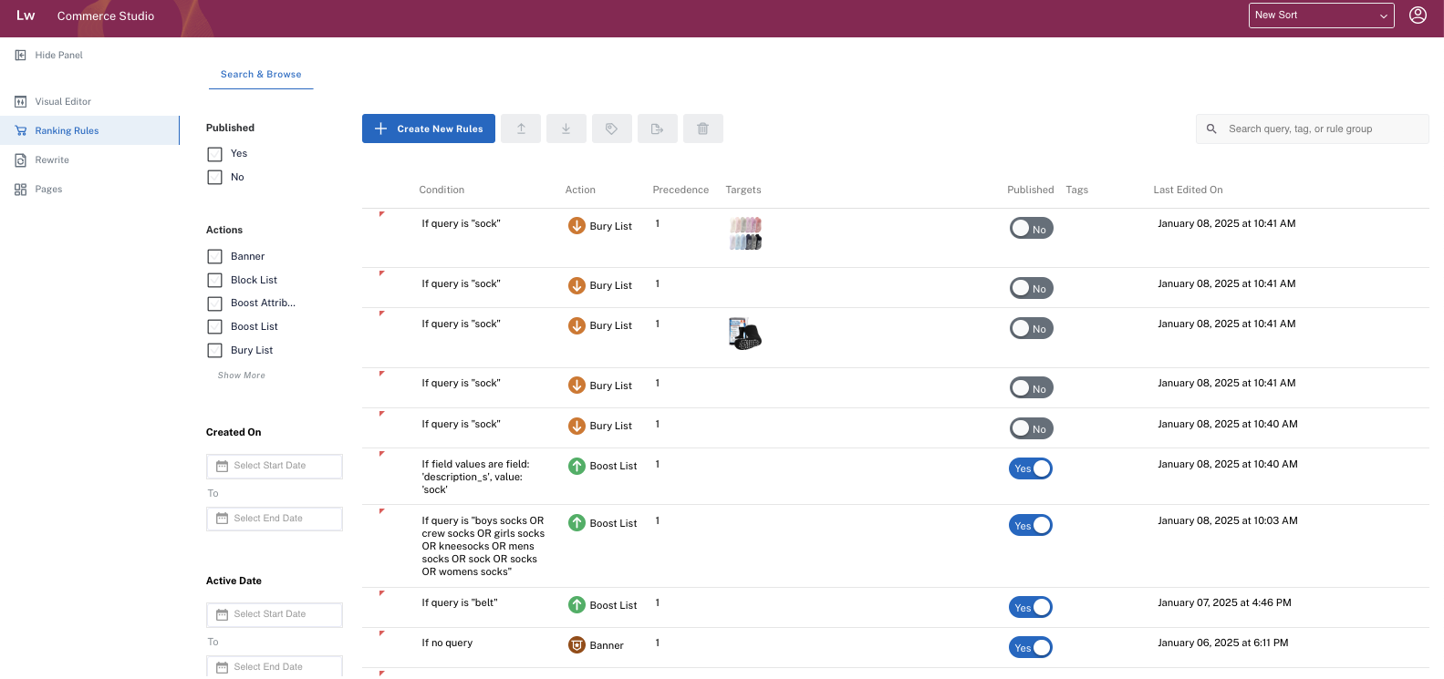 Commerce Studio Ranking Rules main screen