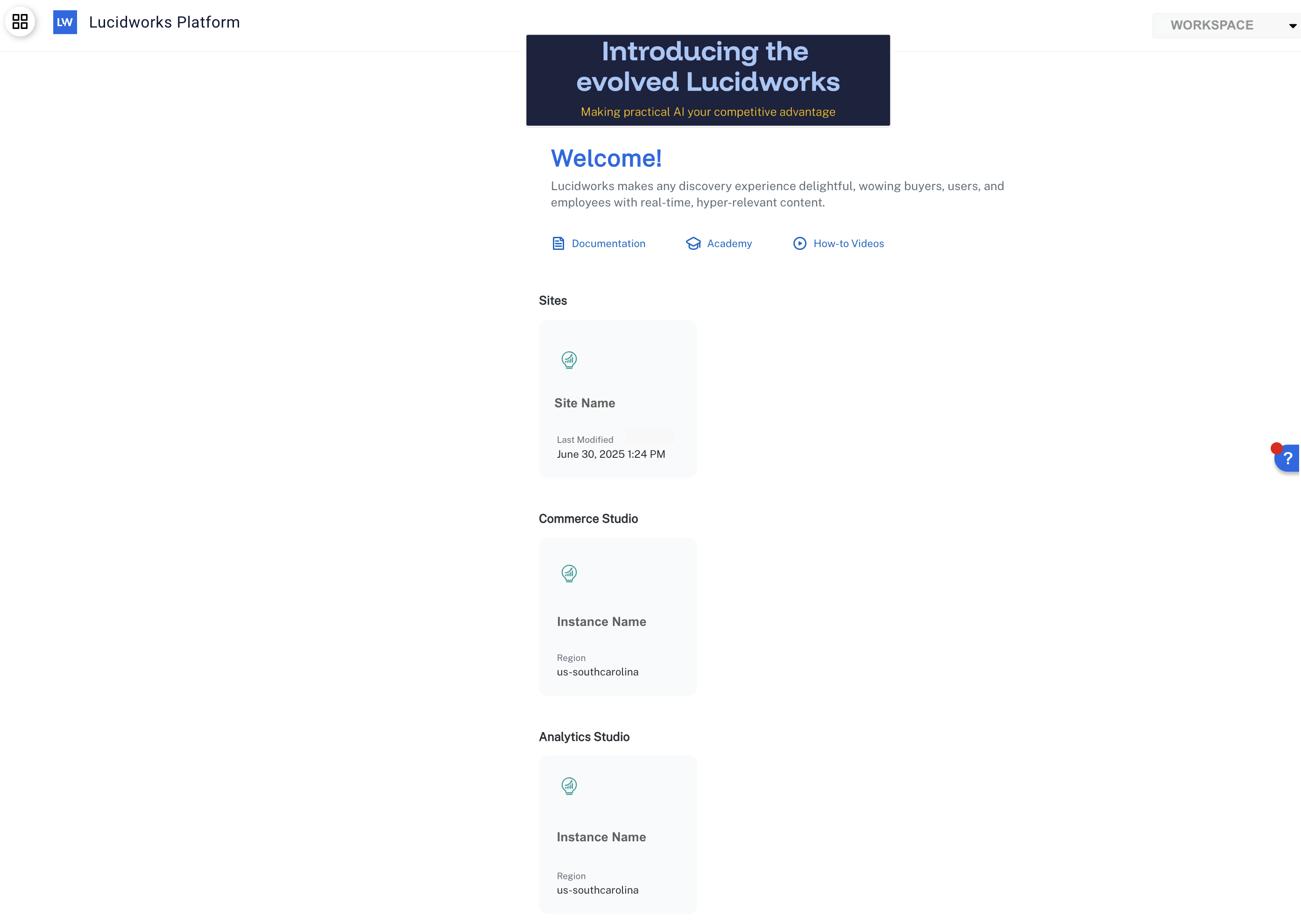 Lucidworks Platform Home screen