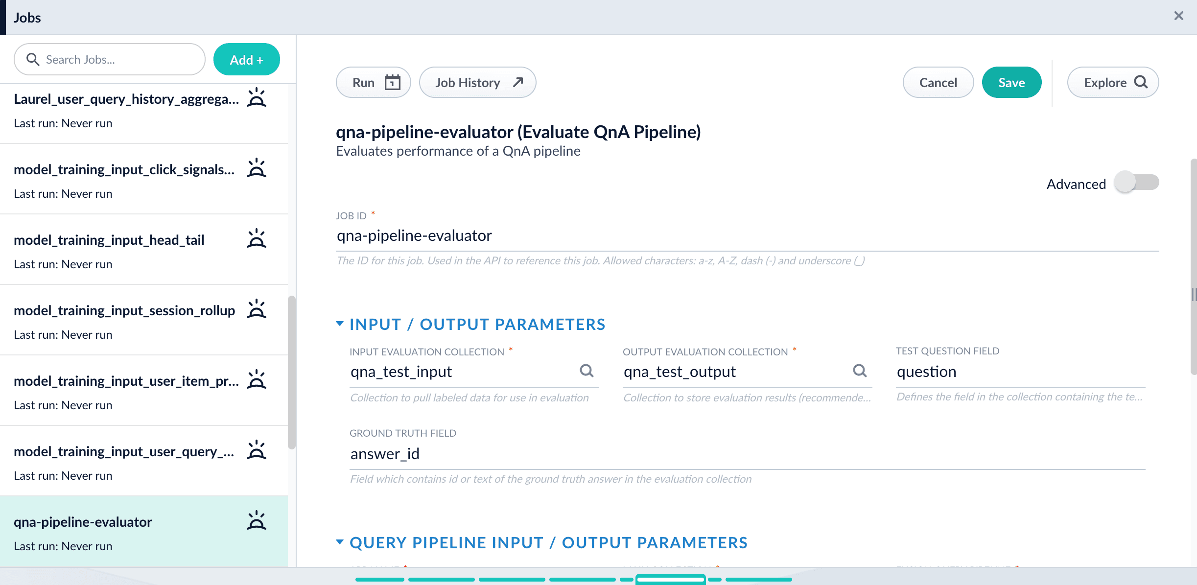 The configured Smart Answers Evaluate Pipeline job